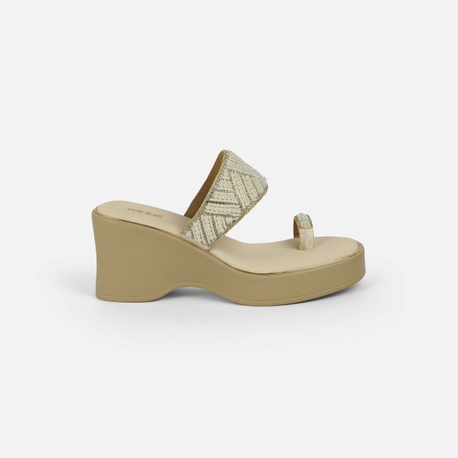 Mochi Women Beige-gold Ethnic Slip Ons (SKU: 35-2431-51-36)