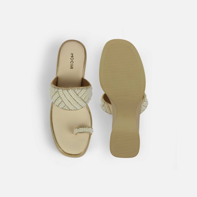 Mochi Women Beige-gold Ethnic Slip Ons (SKU: 35-2431-51-36)