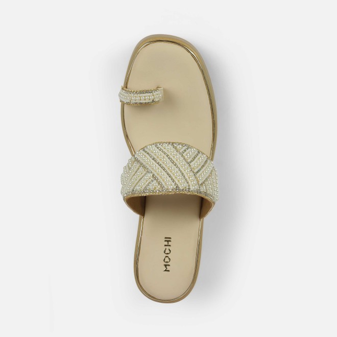 Mochi Women Beige-gold Ethnic Slip Ons (SKU: 35-2431-51-36)