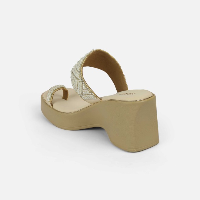 Mochi Women Beige-gold Ethnic Slip Ons (SKU: 35-2431-51-36)