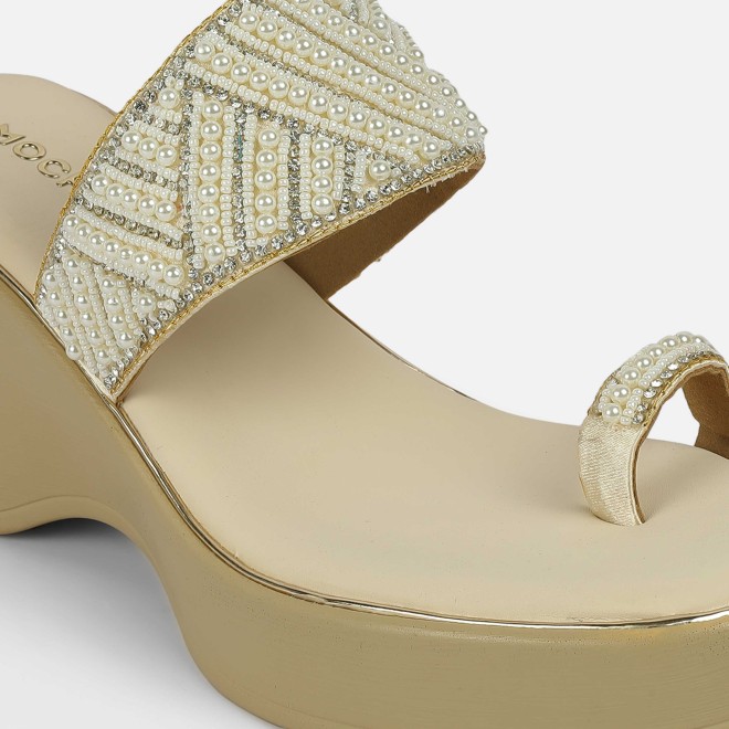 Mochi Women Beige-gold Ethnic Slip Ons (SKU: 35-2431-51-36)