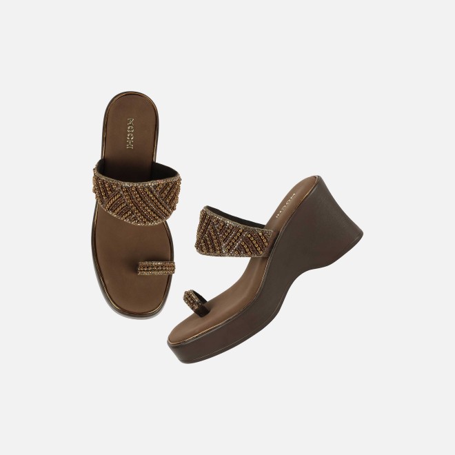 Mochi Women Antic-gold Ethnic Slip Ons (SKU: 35-2431-28-39)