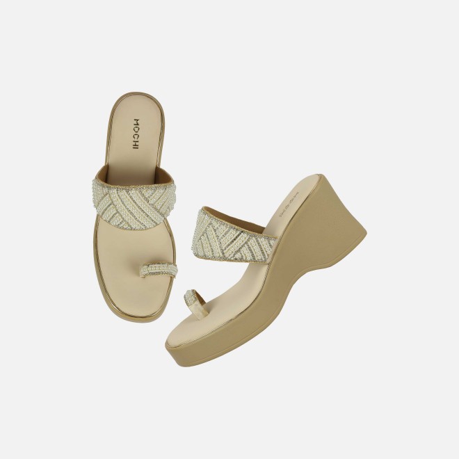 Mochi Women Beige-gold Ethnic Slip Ons (SKU: 35-2431-51-36)