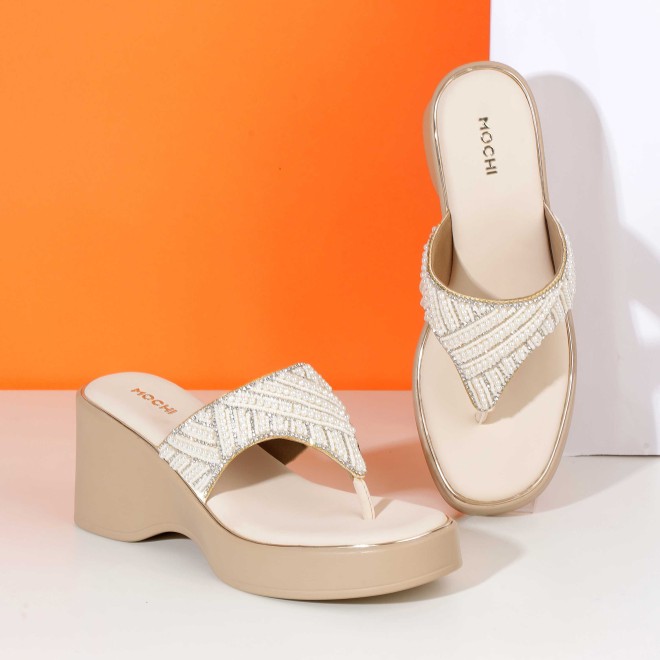 Women Beige-gold Ethnic Slip Ons
