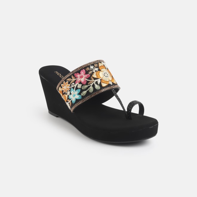 Mochi Women Black Ethnic Slip Ons