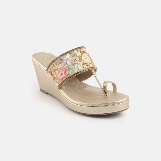 Mochi Women Gold Ethnic Slip Ons
