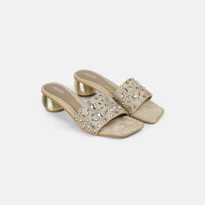 Mochi Women Beige Party Slip Ons (SKU: 35-2506-20-36)