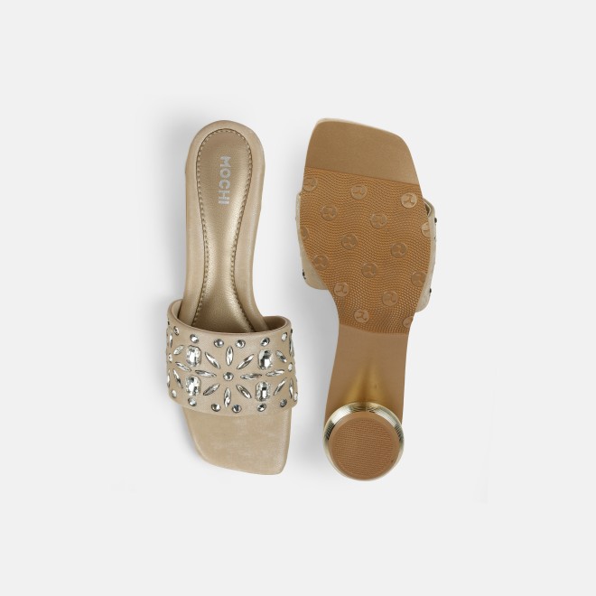 Mochi Women Beige Party Slip Ons (SKU: 35-2506-20-36)