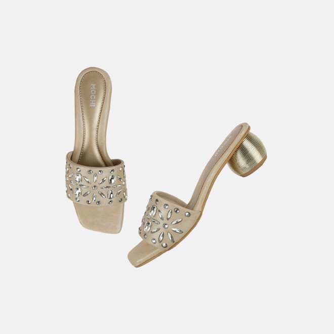 Mochi Women Beige Party Slip Ons (SKU: 35-2506-20-36)