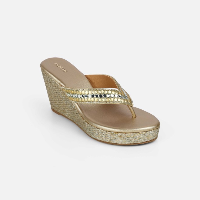 Mochi Women Gold Ethnic Slip Ons (SKU: 35-2619-15-36)