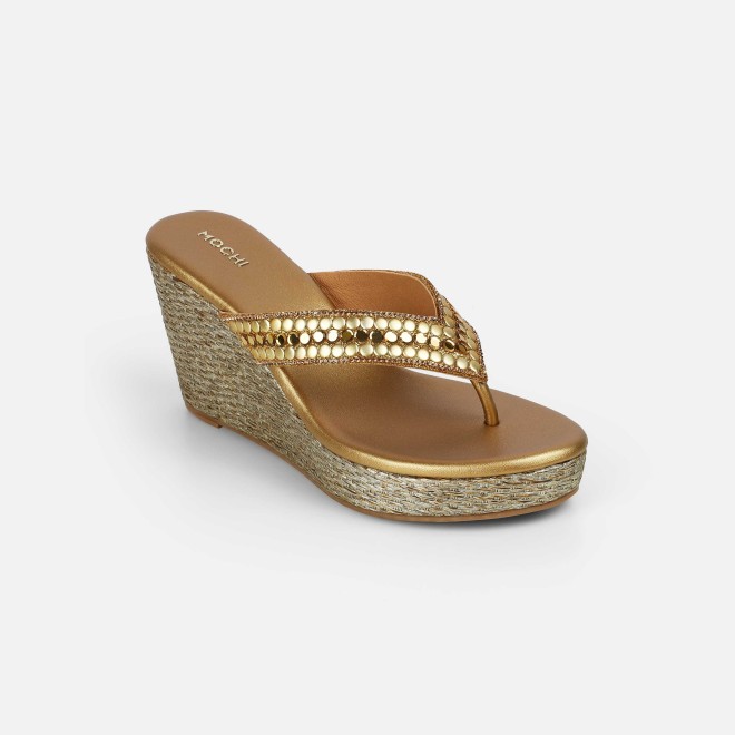 Mochi Women Antic-gold Ethnic Slip Ons (SKU: 35-2619-28-38)