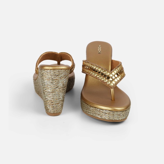 Mochi Women Antic-gold Ethnic Slip Ons (SKU: 35-2619-28-38)
