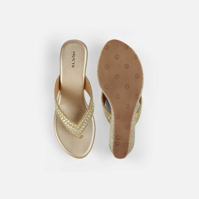 Mochi Women Gold Ethnic Slip Ons (SKU: 35-2619-15-36)