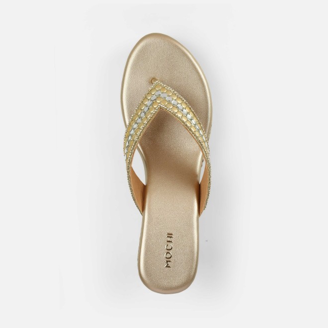 Mochi Women Gold Ethnic Slip Ons (SKU: 35-2619-15-36)
