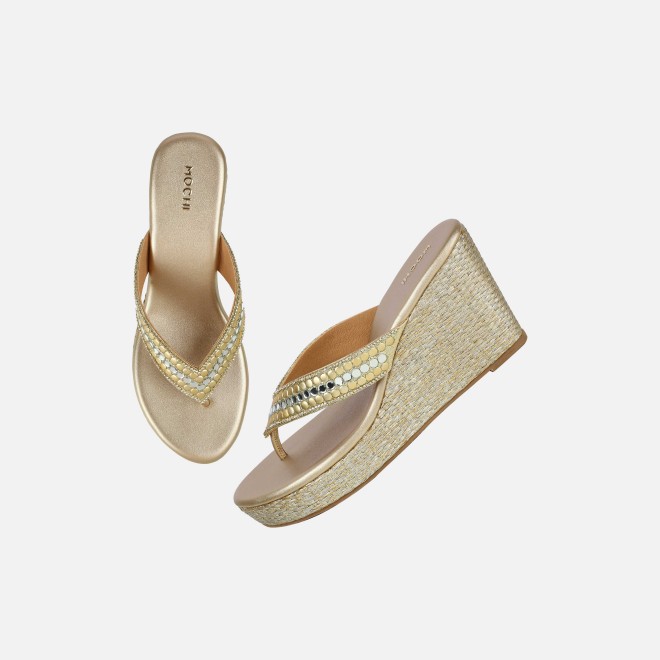 Mochi Women Gold Ethnic Slip Ons (SKU: 35-2619-15-36)
