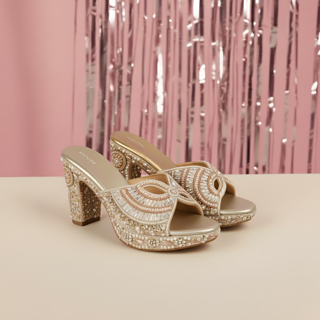 Mochi Women Gold Ethnic Slip Ons