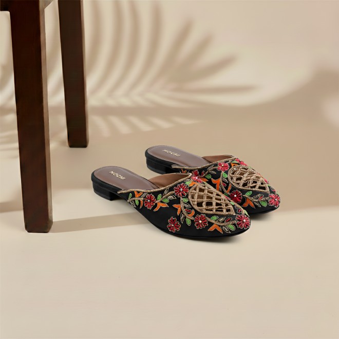 Mochi Women Black Ethnic Slip Ons