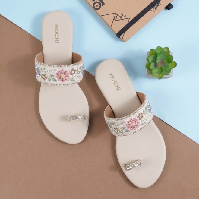 Women Beige-gold Ethnic Slip Ons