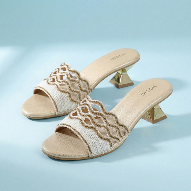 Mochi Women Beige-gold Wedding Slip Ons