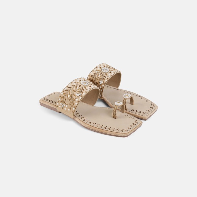 Mochi Women Beige Ethnic Slippers (SKU: 35-3085-20-36)