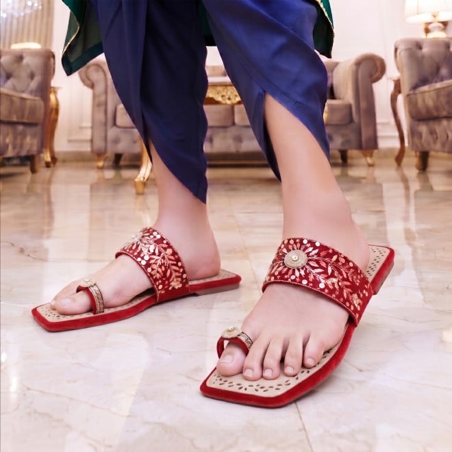 Mochi Women Red Ethnic Slippers (SKU: 35-3085-18-36)