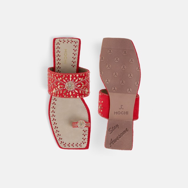 Mochi Women Red Ethnic Slippers (SKU: 35-3085-18-36)