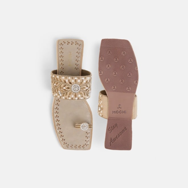Mochi Women Beige Ethnic Slippers (SKU: 35-3085-20-36)
