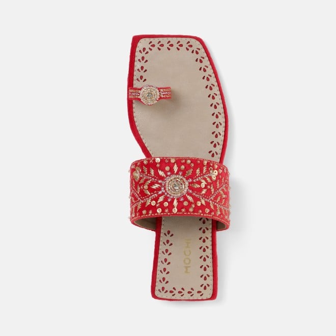 Mochi Women Red Ethnic Slippers (SKU: 35-3085-18-36)