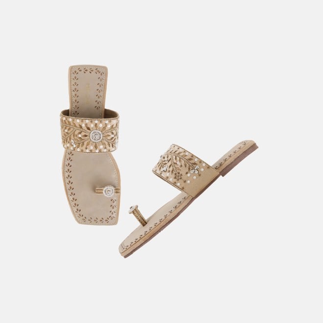 Mochi Women Beige Ethnic Slippers (SKU: 35-3085-20-36)