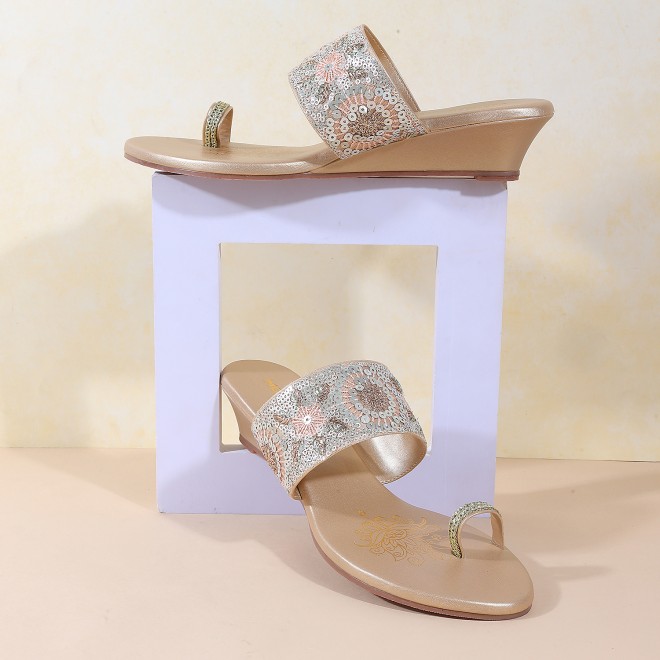 Mochi Women Gold Ethnic Slip Ons