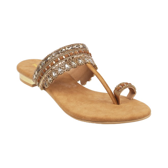 Mochi Women Antic-gold Ethnic Slip Ons