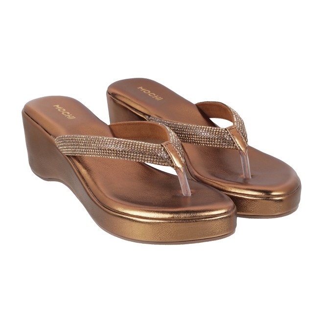 Mochi Women Antique-Gold Party Slip Ons