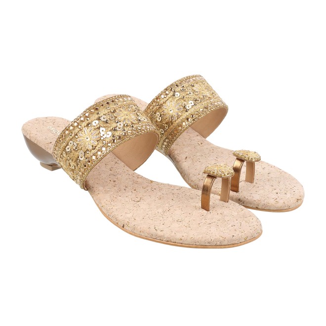Mochi Women Antique-Gold Ethnic Slip Ons