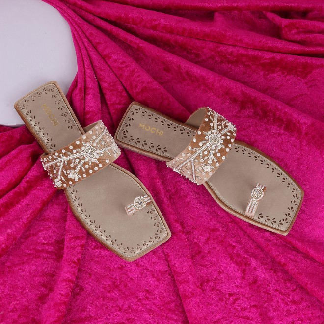 Mochi Women Gold Ethnic Slip Ons