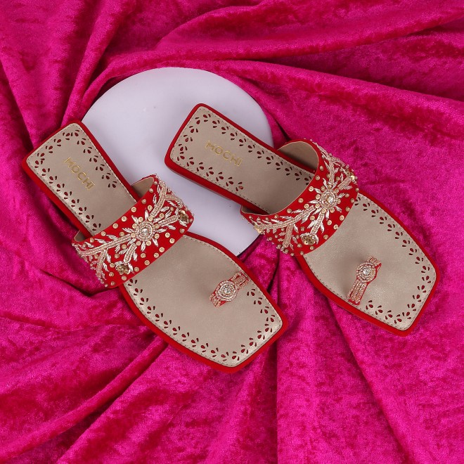 Mochi Women Red Ethnic Slip Ons