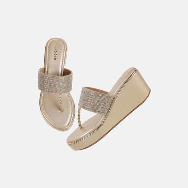 Mochi Women Gold Ethnic Slip Ons (SKU: 35-801986-15-36)