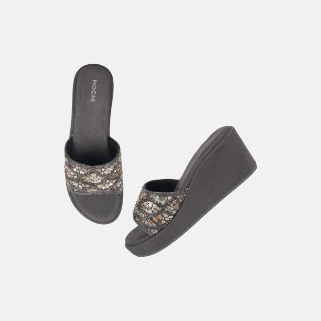 Mochi Women Gun-metal Ethnic Slip Ons (SKU: 35-901984-29-36)