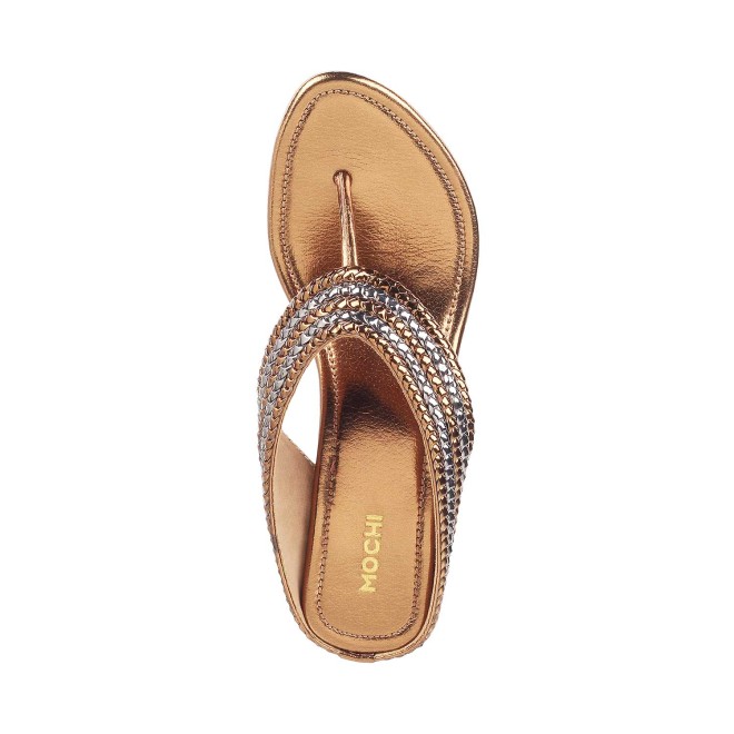 Mochi Women Antique-Gold Ethnic Slip Ons (SKU: 40-1-28-36)
