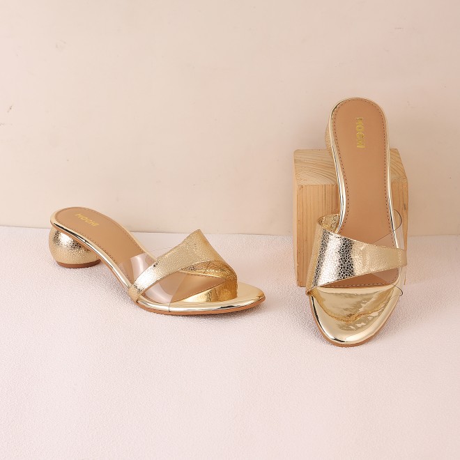 Mochi Women Gold Party Slip Ons