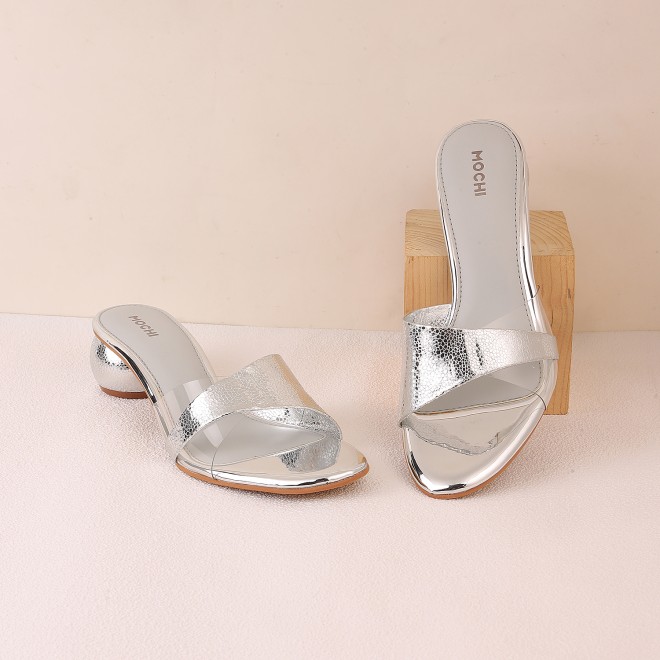 Mochi Women Silver Party Slip Ons