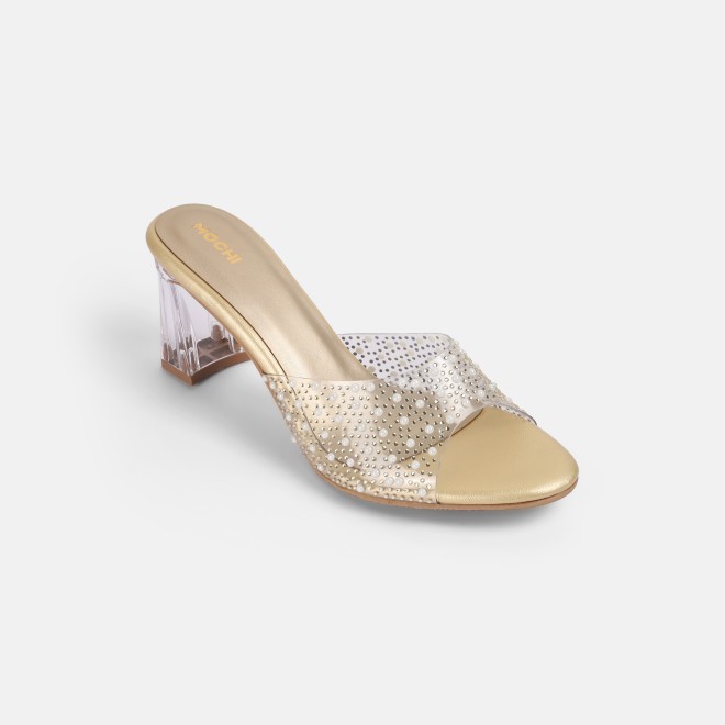 Mochi Women Gold Party Slip Ons