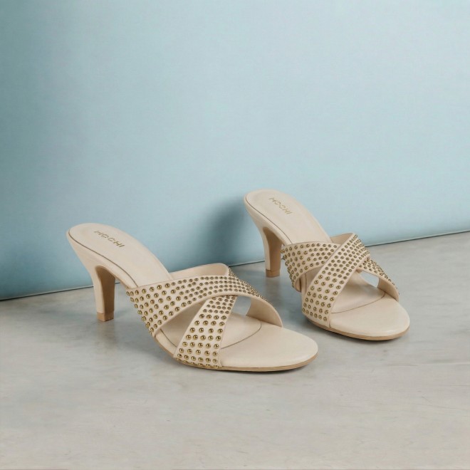 Mochi Women Beige Party Slip Ons