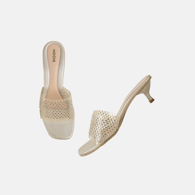 Mochi Women Gold Party Slip Ons (SKU: 40-457-15-36)