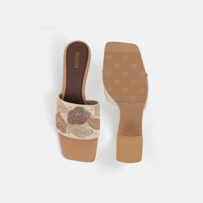 Mochi Women Beige Ethnic Slip Ons (SKU: 40-481-20-36)