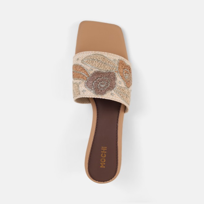 Mochi Women Beige Ethnic Slip Ons (SKU: 40-481-20-36)