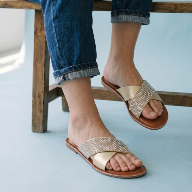 Mochi Women Gold Casual Slip Ons (SKU: 41-578-15-36)