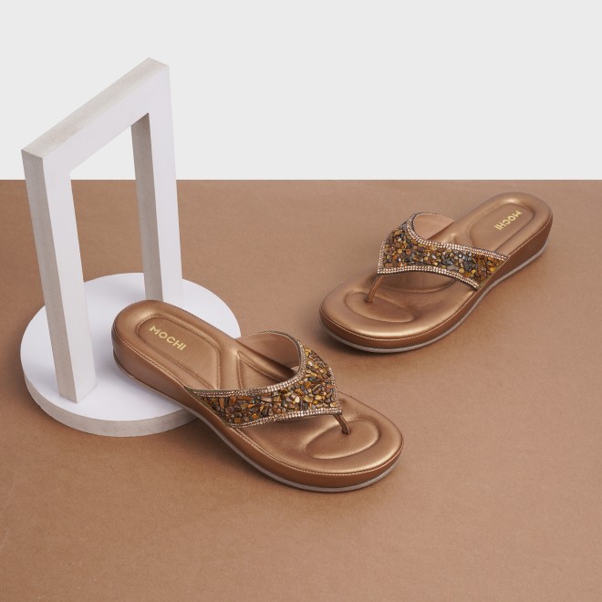 Mochi Women Antique-Gold Casual Slippers