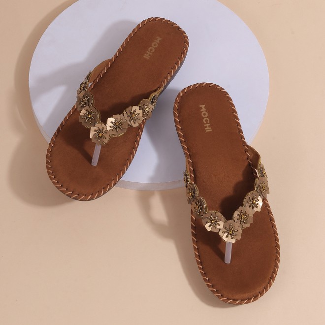 Mochi Women Antique-Gold Casual Slippers