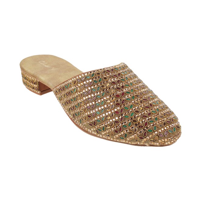 Cheemo Women Antique-Gold Ethnic Slip Ons