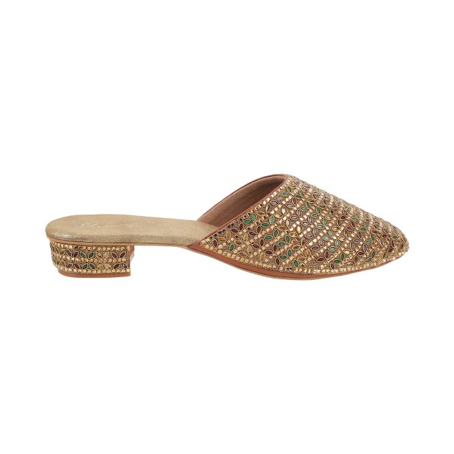 Cheemo Women Antique-Gold Ethnic Slip Ons (SKU: 92-102-28-37)